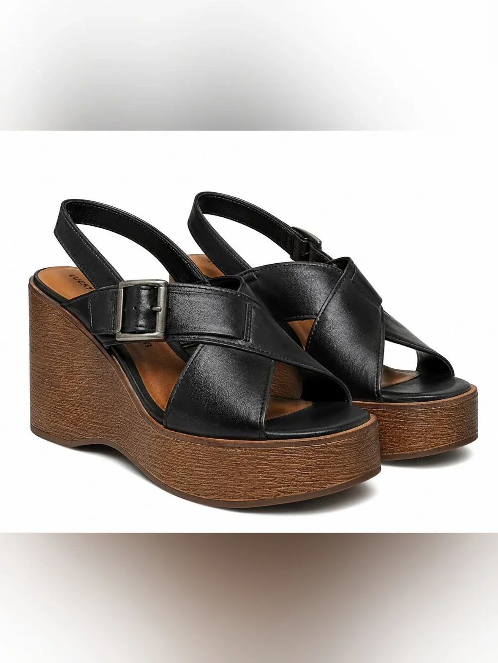 Lucky Brand Delaynee Black Leather Platform Wedge Sandals 8.5 NWOT Boho Resort